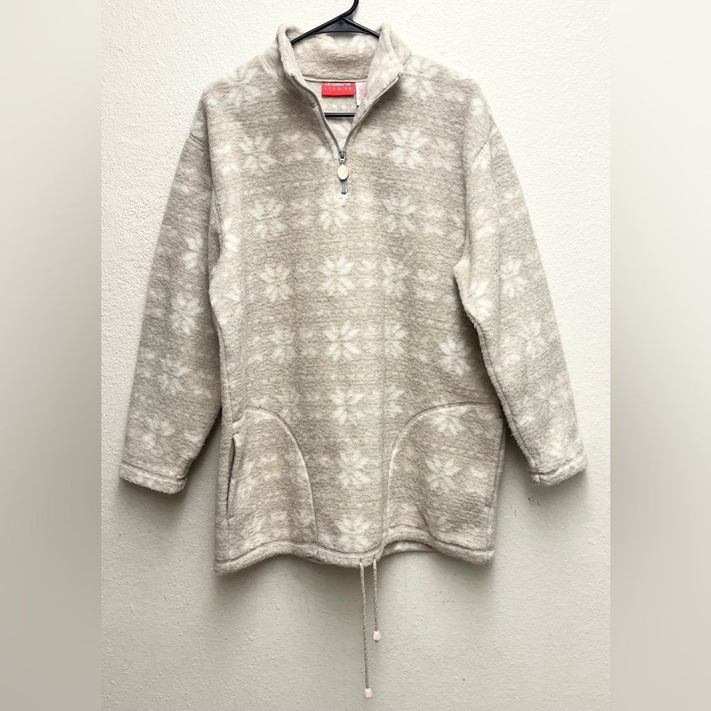 Vtg Liz Claiborne Snowflake Pullover Fleece Jacket Womens Medium Tan & White EUC